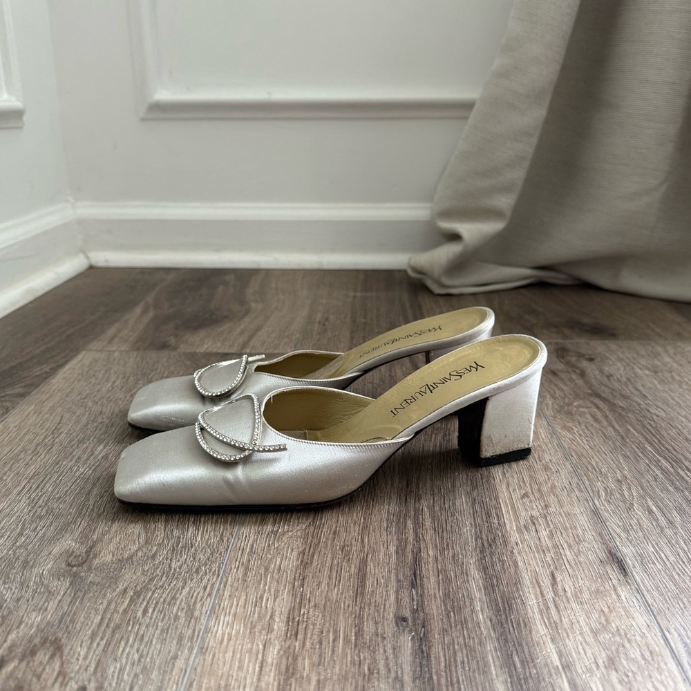 Yves Saint Laurent Ivory Satin Crystal-Trim Slip-On Mules - Picture 4 of 13